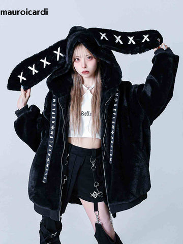 christmas outfit Sonicelife Autumn Winter Sweet Cute Kawaii Soft Thick Warm Black Faux Fur Coat Women with Bunny Ears Cute Fluffy Jacket Hoodie