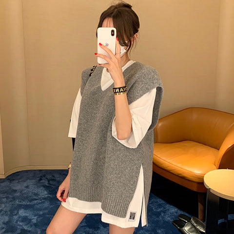 Sonicelife Streetwear Retro Sweater Vest Women Loose Korean V Neck Slit Harajuku Grey Knitted Vest Fall Vintage Casual All Match Tops