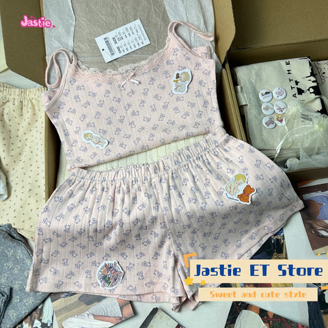 Sonicelife Cute Teddy Bear Print Lace Lace Suspender Casual Sweet Women's Tank Top Loose Elastic Waist Shorts Sets For Women 2 Pieces 2025