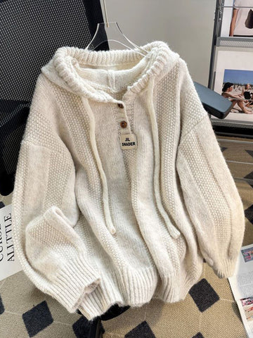 Black Friday Sonicelife Korean Loose Solid Hooded Sweater Women Casual Knitted Buttons Soft Pullover Sweaters Female Autumn Chic Daily Warm Streetwear