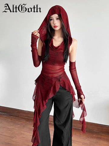 Sonicelife Cyber Punk Streetwear Vest Women Dark Gothic Y2k Harajuku Sexy See Through Hooded Crop Tank Tops Emo Alt Grunge Outfit