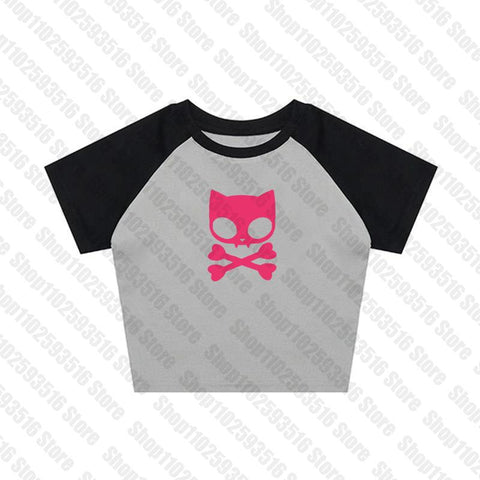 Sonicelife Y2K clothes 2000s Vintage Harajuku Fairy grunge Short Top womens T-shirts Goth kitty graphics Baby Tees E-girl EMO Crop Tops emo