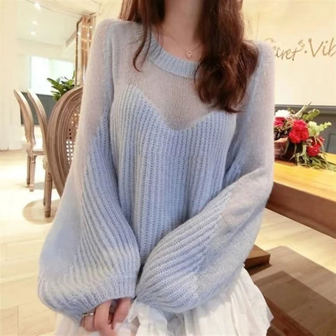 christmas outfit Sonicelife Autumn Winter Sweater Women's O-neck Hollow Out Lantern Sleeves Pullover Women's Korean Pink Blue Top Knitwear Trending Sweaters