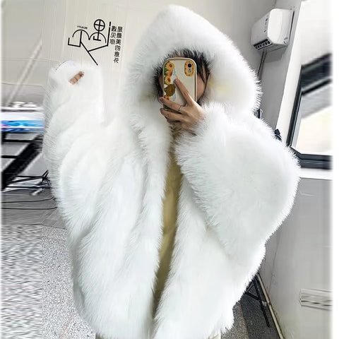 christmas outfit Sonicelife Winter Oversized Black Warm Shaggy Hairy Faux Fox Fur Coat Women with Hood Bat Sleeved White Korean Fashion 2025