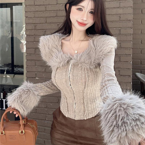 Black Friday Sonicelife Hair Collar Knitted Cardigan Women Solid Elegant Simple Fluffy Spring Fall Sweater Skinny Chic Sexy Cropped Lady Tops