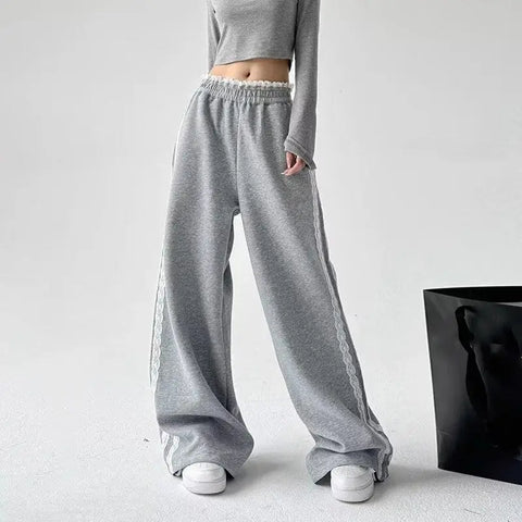 Sonicelife Lace Patchwork Sweatpants Women Y2K Streetwear High Waist Wide Leg Pants Korean Fashion Casual Elastic Waist Straight Trousers