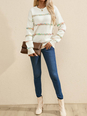 christmas outfit Sonicelife Long Sleeves Loose Contrast Color Round-Neck Pullovers Sweater Tops