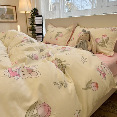 Sonicelife Cute Rabbit Bedding Set Ins Style Floral Duvet Cover No Filler Pillowcases Flat Sheet Single Full Size Girls Bed Linens