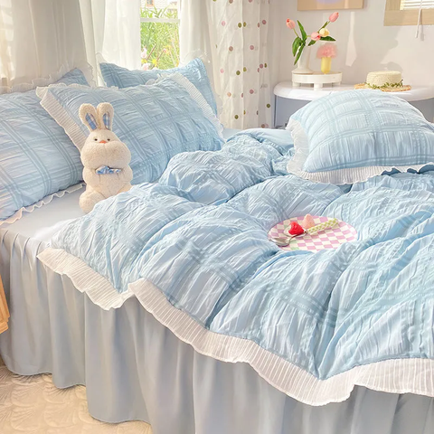 Sonicelife Korean Style Bedding Set Seersucker Princess No Filler Girls Single Double Queen Size Duvet Cover Sheet Pillowcase Bedspread