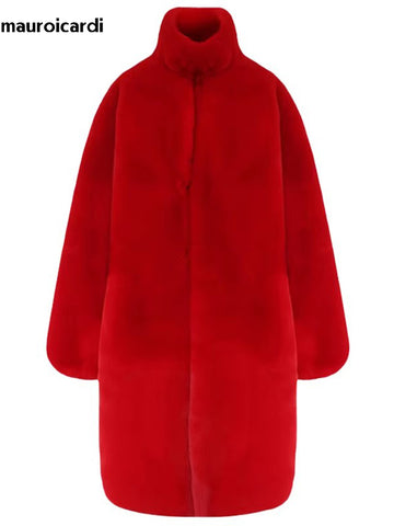 christmas outfit Sonicelife Winter Long Oversized Red Thick Warm Soft Fluffy Faux Rex Rabbit Fur Coat Women Loose Casual Korean Fashion 2025