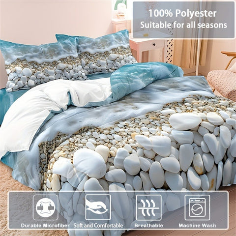 Sonicelife 3-Piece Seaside Oasis Duvet Cover Set - Soft, Breathable, Comfortable Beach-Inspired Bedding with Sand, Sea Water Print