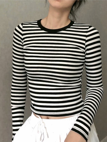 Sonicelife Women's Brown Striped Cotton T-Shirt V Neck Slim Long Sleeve Tee Tops Female Streetwear Vintage Y2K Spring Autumn Woman Tshirt