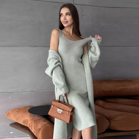 Black Friday Sonicelife Casual Knitted Sling Dresses Cardigan Set Women Loose Solid V-neck Knitwear Long Open Sweater Woman's Sets Autumn Chic Oufits