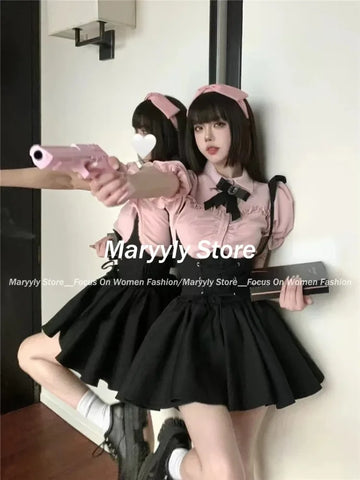 Sonicelife Summer Cute Girl Kawaii Two-piece Women Korean Stlye Elegant Pink Puffed Sleeves Heart Hollow Shirt + Black Suspender Mini Skirt