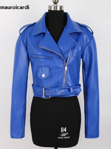 christmas outfit Sonicelife Spring Short Blue Lightweight Soft Pu Leather Moto & Biker Jacket Women Zipper Belt Long Sleeve Fall Clothes 2025