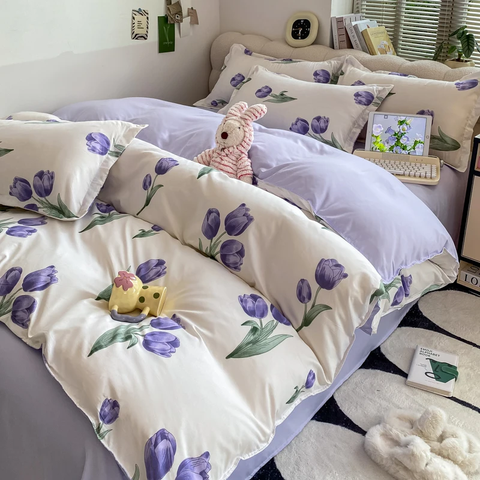 Sonicelife Floral Printed Duvet Cover Fresh Tulip Flower Comforter Cover and Sheet Pillowcase Skin-friendly Girl Home Bedding Set NO Filler