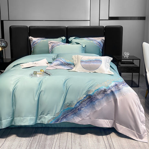 Sonicelife Long staple cotton mountain and sea embroidery four piece set of pure cotton simple contrasting color bedding