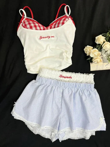 Sonicelife Summer Sweet Lace Slim 4 Piece Set Women Fashion Y2k Elastic V Neck Sling Plaid Tops Female + Elastic Waist Bow Short Pants 2025