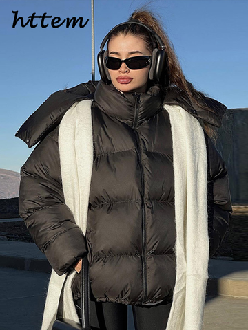 Sonicelife Fashion Women's Hooded Down Jacket Loose Stand Collar Zipper Pocket Female Puffer Jackets 2024 Winter Lady Solid Street Coats