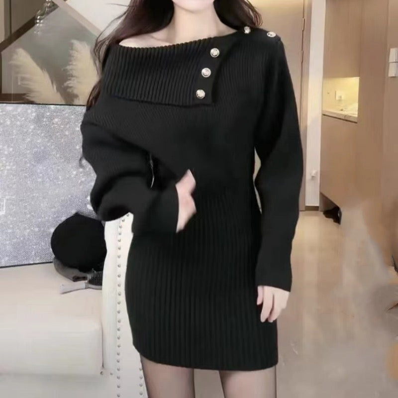 Black Friday Sonicelife Sexy Knit Dress Women Elegant Slant Shoulder Button Slim Solid Fall Winter Sweater Fashion Chic Harajuku Y2K Office Lady Dress