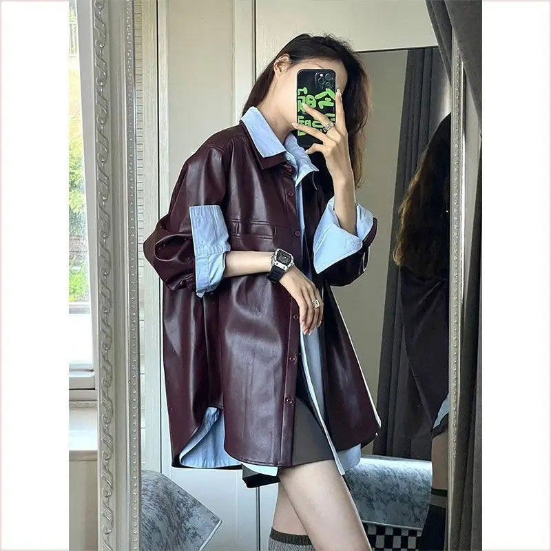 thanksgiving outfit Sonicelife 2024 Spring New Style Korean Matching Loose-Fit Medium-Length Leather Jacket Elegant Shirt Top 2-piece Set Women's Suit