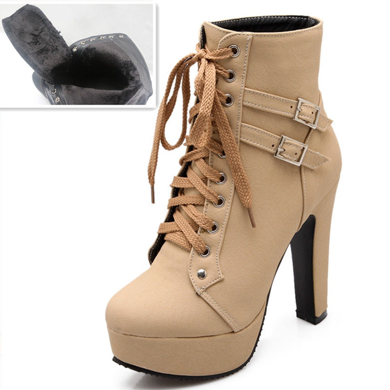 thanksgiving outfit Sonicelife Size Ankle Boots Women Platform High Heels Female Lace Up Shoes Buckle Short Boot Botas Feminino PA218