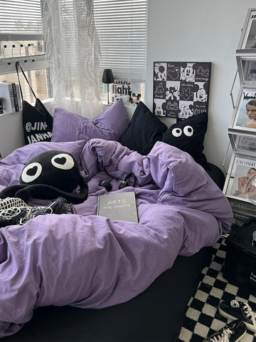 Sonicelife Ins Purple Black Big Eye Solid Color Bedding Set Girls Boys Double Size Flat Sheet Duvet Cover Pillowcase Bed Linen Home Textile