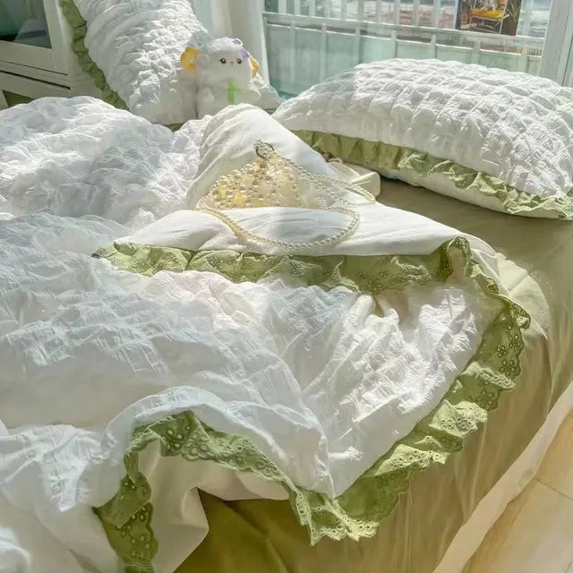 Sonicelife Ins Style Korean Princess Bedding Set Duvet Cover Wash Cotton Solid Color Summer Soft Bed Sheet Set Comfortable Set Quilt Cover