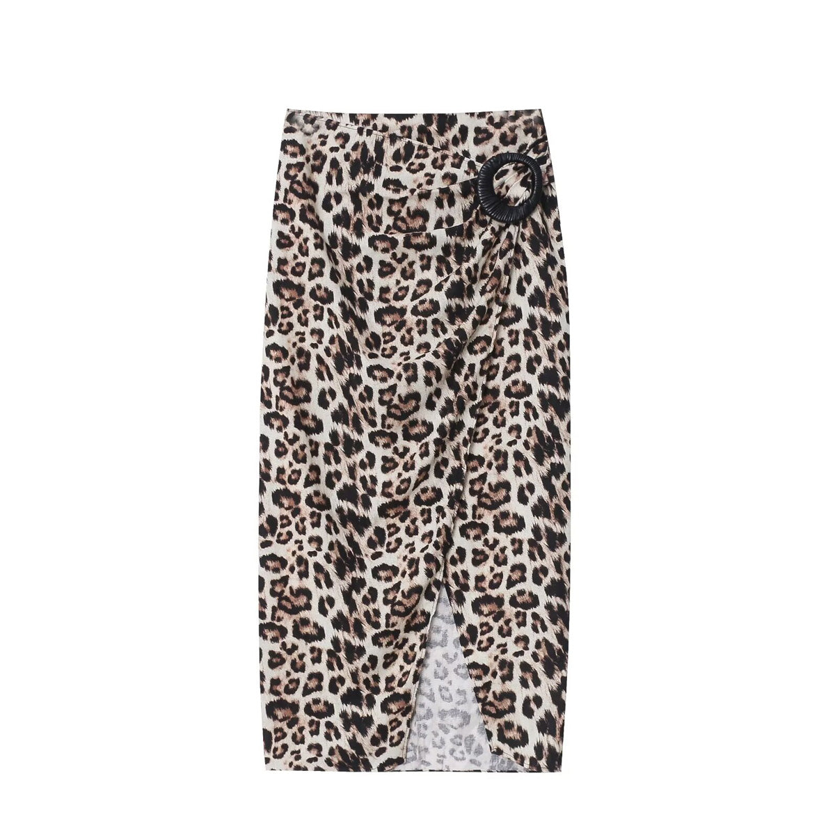 Sonicelife Women's new leopard print midi skirt with buckle and pleat decoration, fashionable commuting temperament Midi skirt