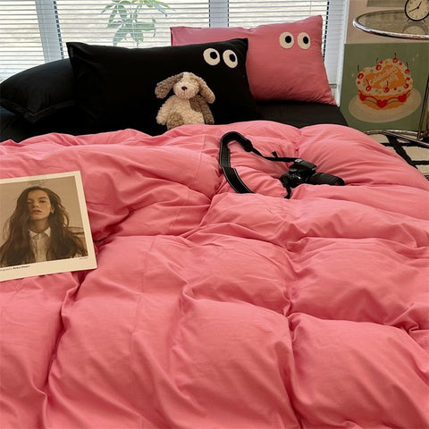 Sonicelife Ins Princess Pink Big Eye Solid Color Bedding Set Girls Boy Double Size Flat Sheet Duvet Cover Pillowcase Bed Linen Home Textile
