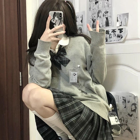 Black Friday Sonicelife Jk Pullover Sweater Women Japan Solid V-Neck Thin Loose Pretty Style Knit Fashion Casual Lazy Sweet School Girl All Macth Jumper