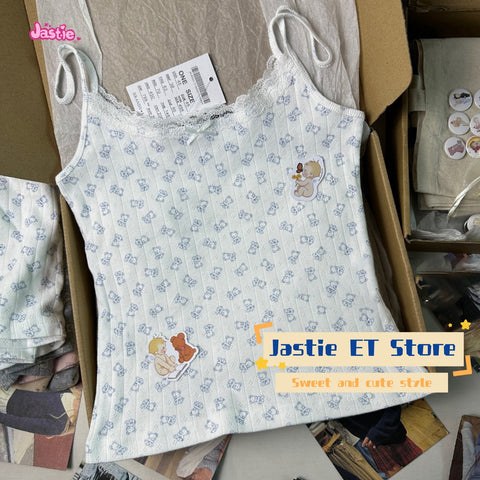 Sonicelife Cute Teddy Bear Print Lace Lace Suspender Casual Sweet Women's Tank Top Loose Elastic Waist Shorts Sets For Women 2 Pieces 2025