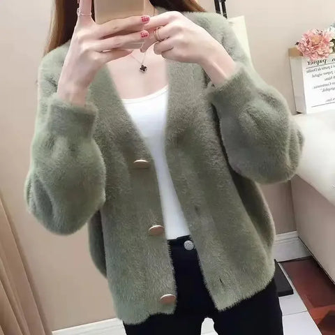 christmas outfit Sonicelife 2025 Spring and Autumn Women's New Fashion Commuter Mink Fleece Cardigan Coat Loose Korean Short Comfortable Versatile Sweater