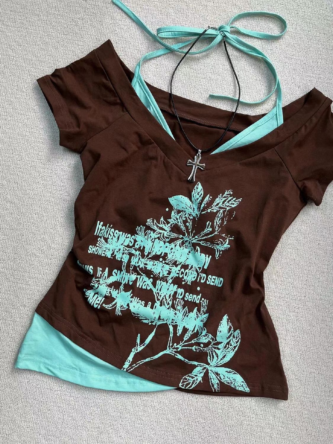 Sonicelife American Retro Halter Neck Printed T-shirt 2024 Summer Streetwear Hot Girl Slim Millennium Harajuku Fashion Casual Women Clothes