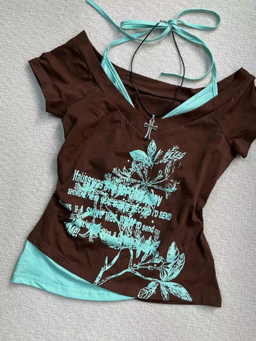 Sonicelife American Retro Halter Neck Printed T-shirt 2024 Summer Streetwear Hot Girl Slim Millennium Harajuku Fashion Casual Women Clothes
