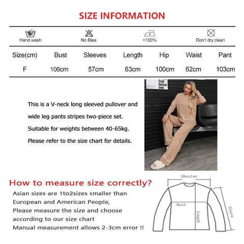 Sonicelife Stripes V-neck Long Sleeve Top and Elastic High Waist Wide Leg Pants  Two-piece Women Office Loose Knit Outfi Set Office