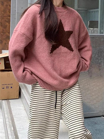 Sonicelife-Vintage Star Jacquard Crew Neck Sweater