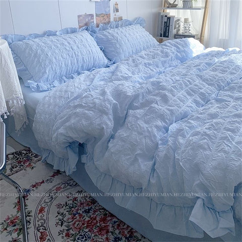 Sonicelife INS Girl Blue Bedding Sets Solid Color Seersucker Ruffles Lace  Kawaii Soft Sheet Woman Duvet Cover Pillow Covers Quilt Cover