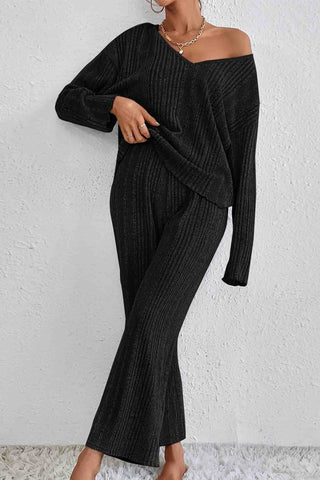 Sonicelife V Neck Ribbed Long Sleeve Two-Piece Set