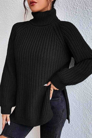 Sonicelife Raglan Sleeve Turtleneck Slit Mid-Length Sweater