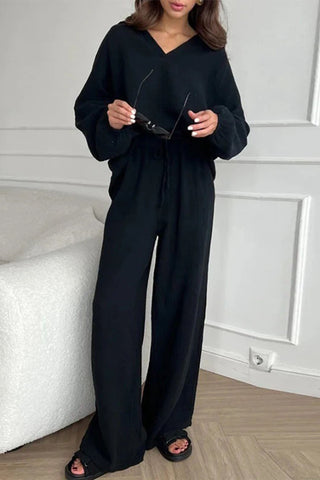 Sonicelife-Lapel Drawstring Wide Leg Pants Two-piece Set