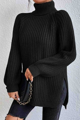Sonicelife Raglan Sleeve Turtleneck Slit Mid-Length Sweater
