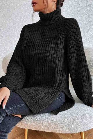 Sonicelife Raglan Sleeve Turtleneck Slit Mid-Length Sweater