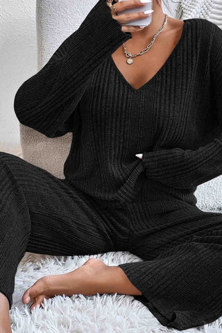 Sonicelife V Neck Ribbed Long Sleeve Two-Piece Set