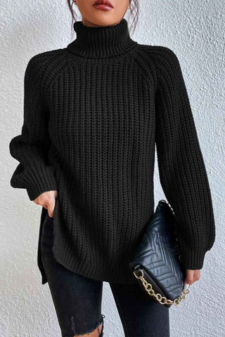 Sonicelife Raglan Sleeve Turtleneck Slit Mid-Length Sweater