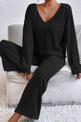 Sonicelife V Neck Ribbed Long Sleeve Two-Piece Set