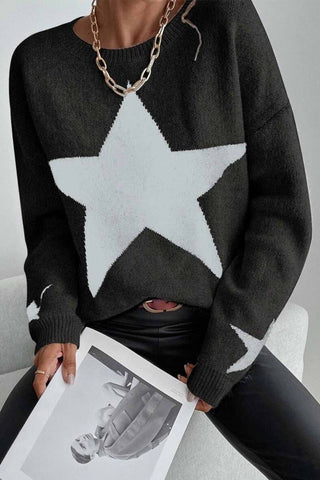 Sonicelife Crew Neck Star Long Sleeve Knitted Sweater