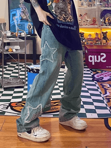 Sonicelife Blue Wash Star Patched Boyfriend Jeans