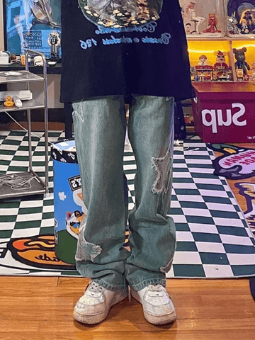 Sonicelife Blue Wash Star Patched Boyfriend Jeans