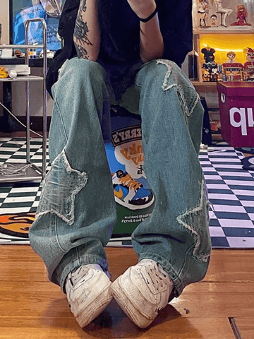Sonicelife Blue Wash Star Patched Boyfriend Jeans